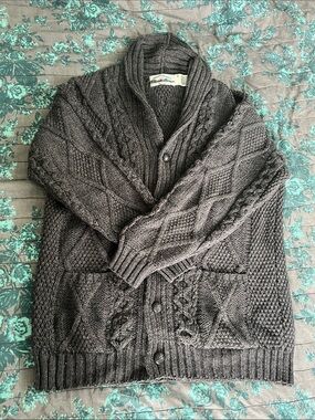 Aran Crafts Dark Gray Cable-Knit Shawl-Collar Cardigan